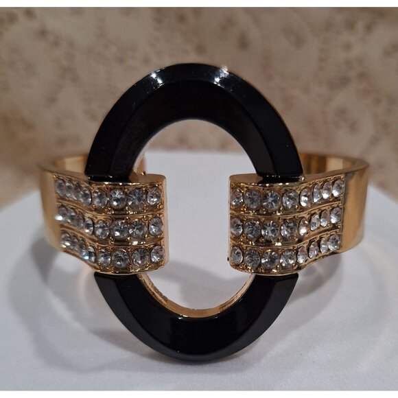EUC Vintage Gold-Tone & Black Cuff Bangle Bracelet With Clear Rhinestones - Picture 3 of 6